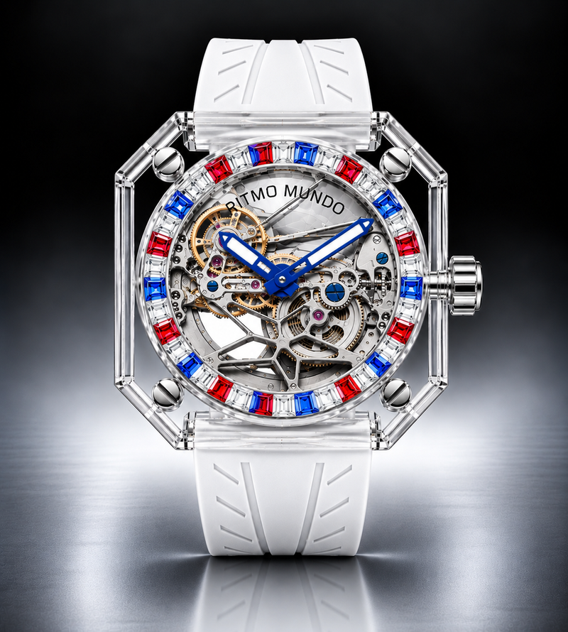 Pegasus USA Red White Blue  Stone Sapphire Skeleton Automatic Watch USA